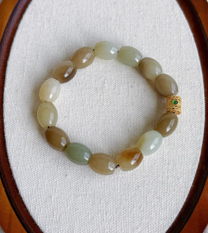 Natural Brown Nephrite Jade Beaded Bracelet 10x12mm | Gold-Plated S925 Silver Accent | Unisex Bracelet