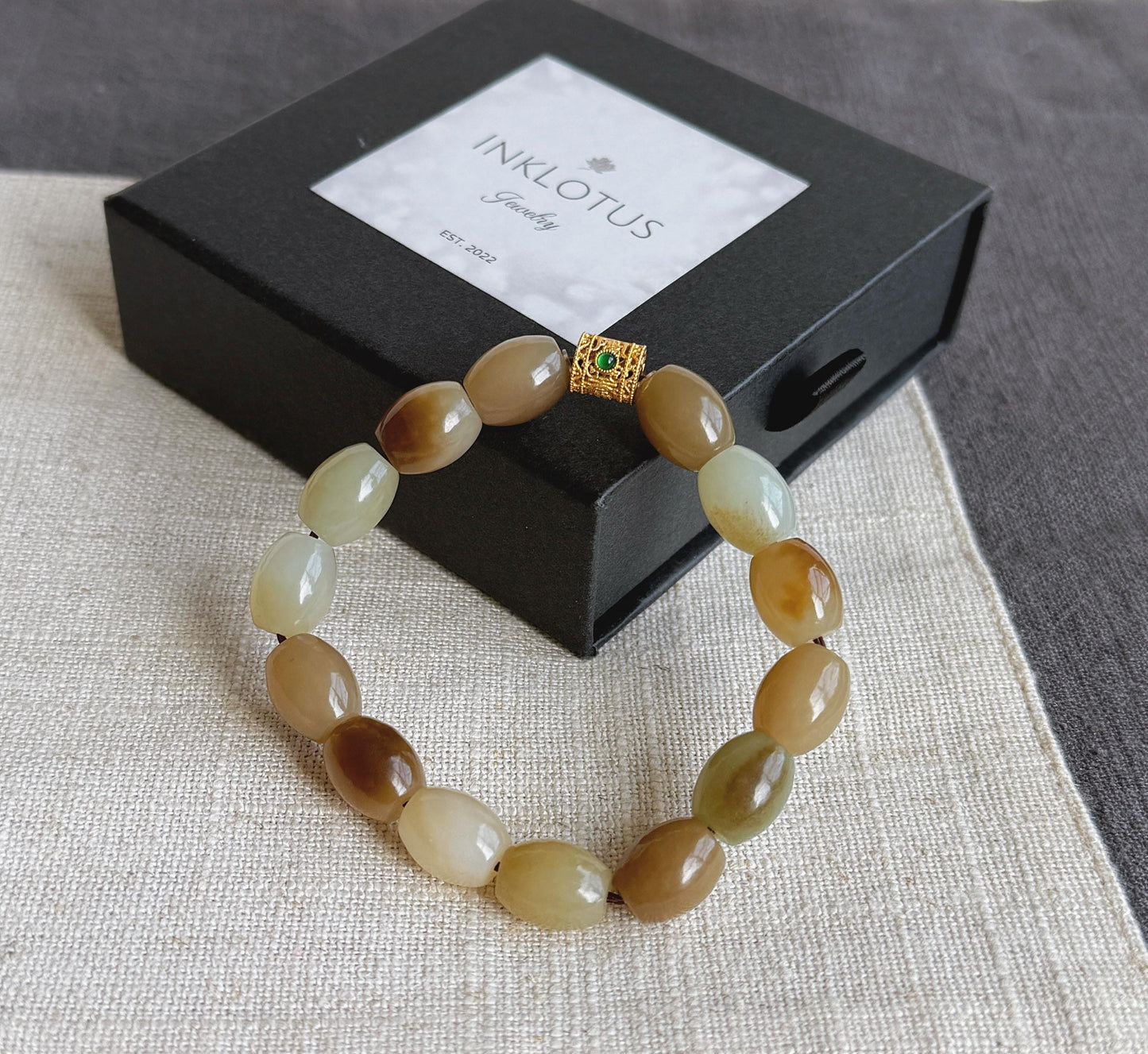 Natural Brown Nephrite Jade Beaded Bracelet 10x12mm | Gold-Plated S925 Silver Accent | Unisex Bracelet