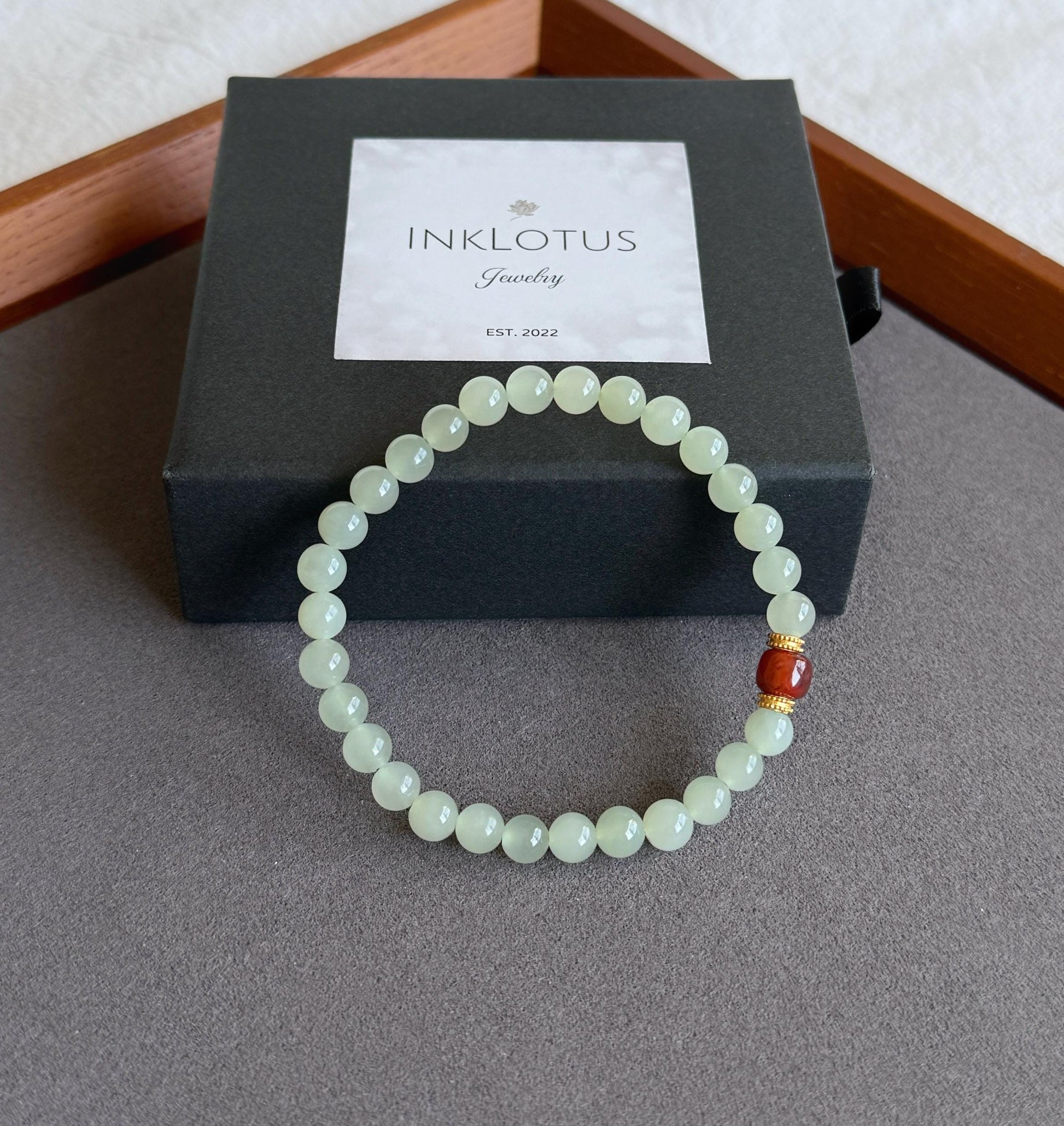 6mm Nephrite Jade Bracelet with Red Agate Accent