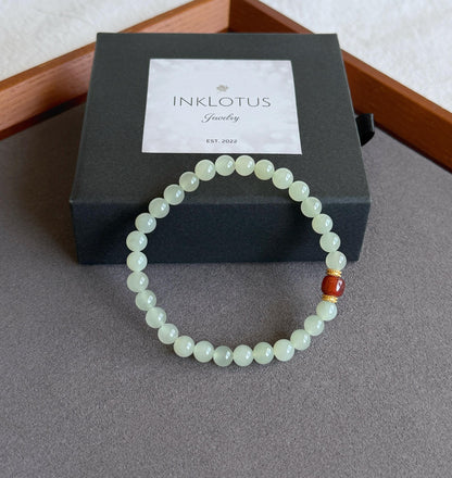 6mm Nephrite Jade Bracelet with Red Agate Accent