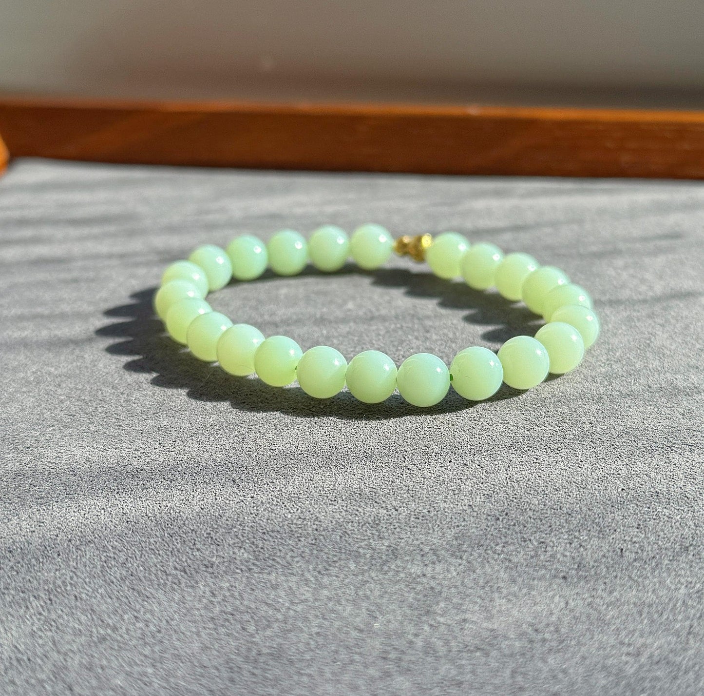 7mm Mint Green Nephrite Jade Bracelet | 18K Gold Gourd Charm, Handmade