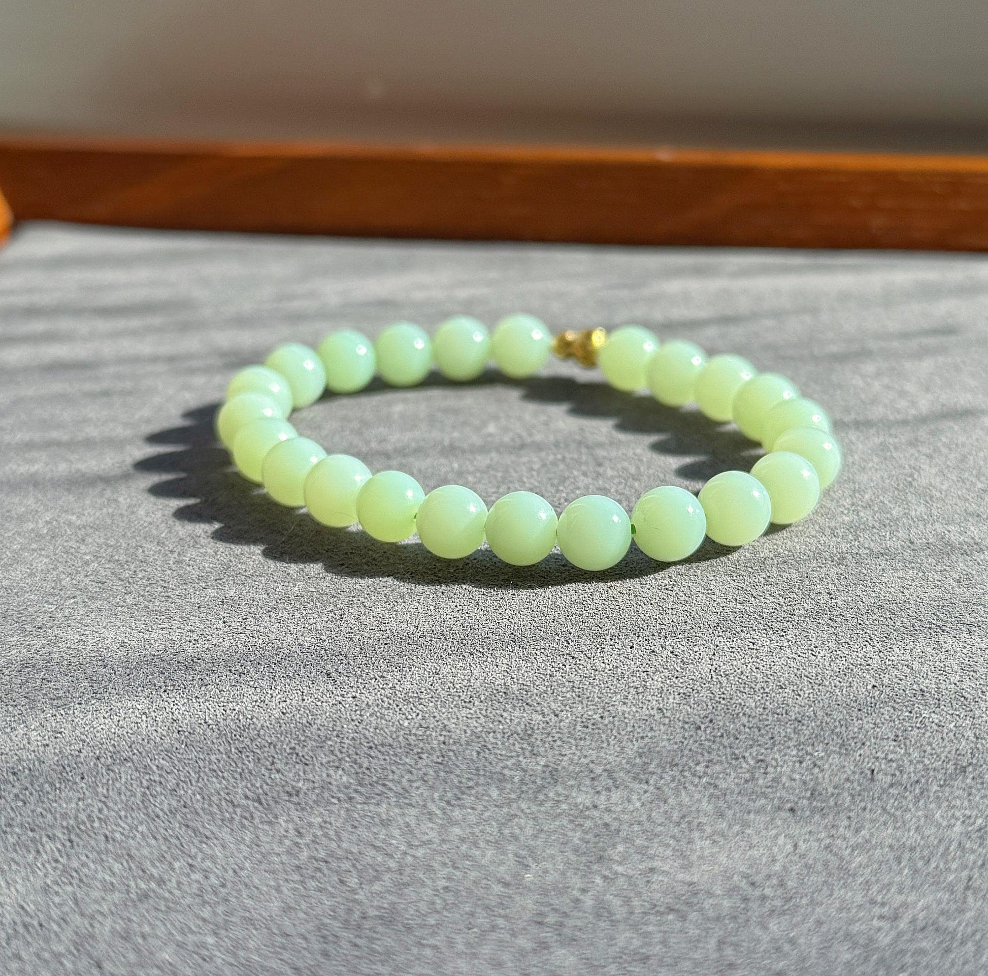 7mm Mint Green Nephrite Jade Bracelet | 18K Gold Gourd Charm, Handmade