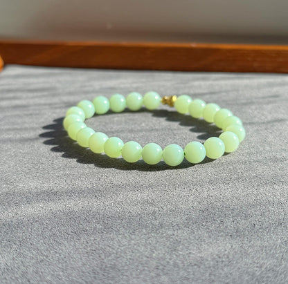 7mm Mint Green Nephrite Jade Bracelet | 18K Gold Gourd Charm, Handmade