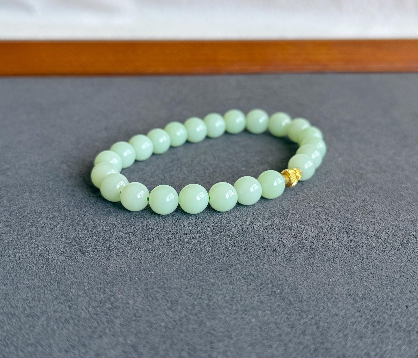 7mm Mint Green Nephrite Jade Bracelet | 18K Gold Gourd Charm, Handmade