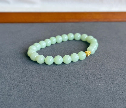 7mm Mint Green Nephrite Jade Bracelet | 18K Gold Gourd Charm, Handmade