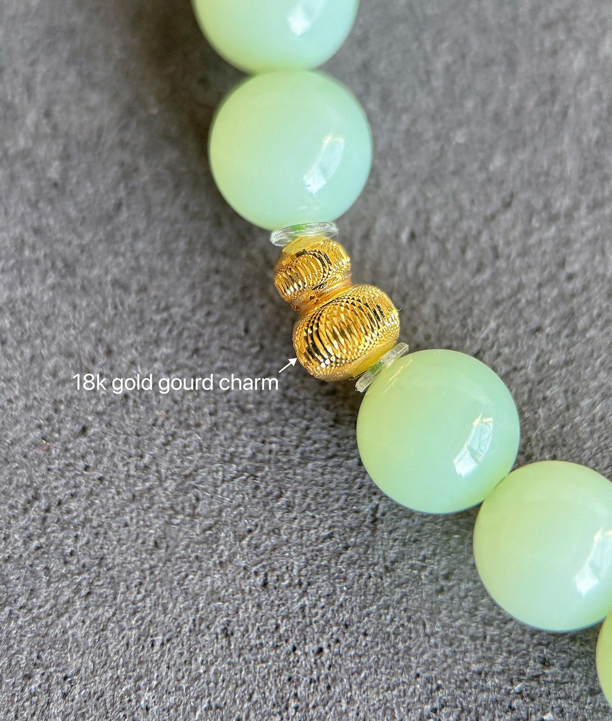 7mm Mint Green Nephrite Jade Bracelet | 18K Gold Gourd Charm, Handmade