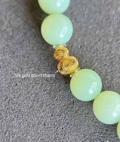 7mm Mint Green Nephrite Jade Bracelet | 18K Gold Gourd Charm, Handmade
