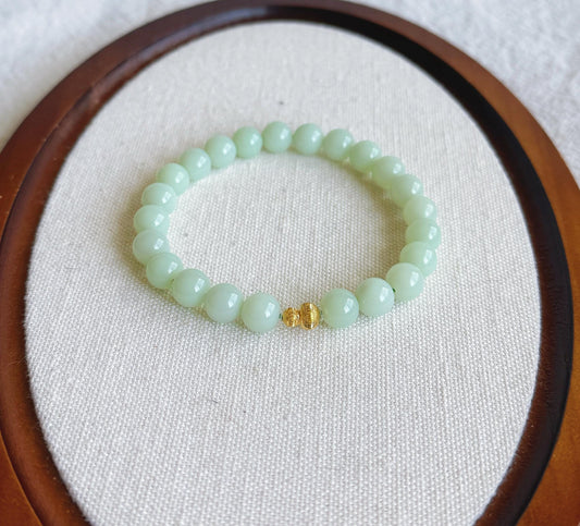 7mm Mint Green Nephrite Jade Bracelet | 18K Gold Gourd Charm, Handmade