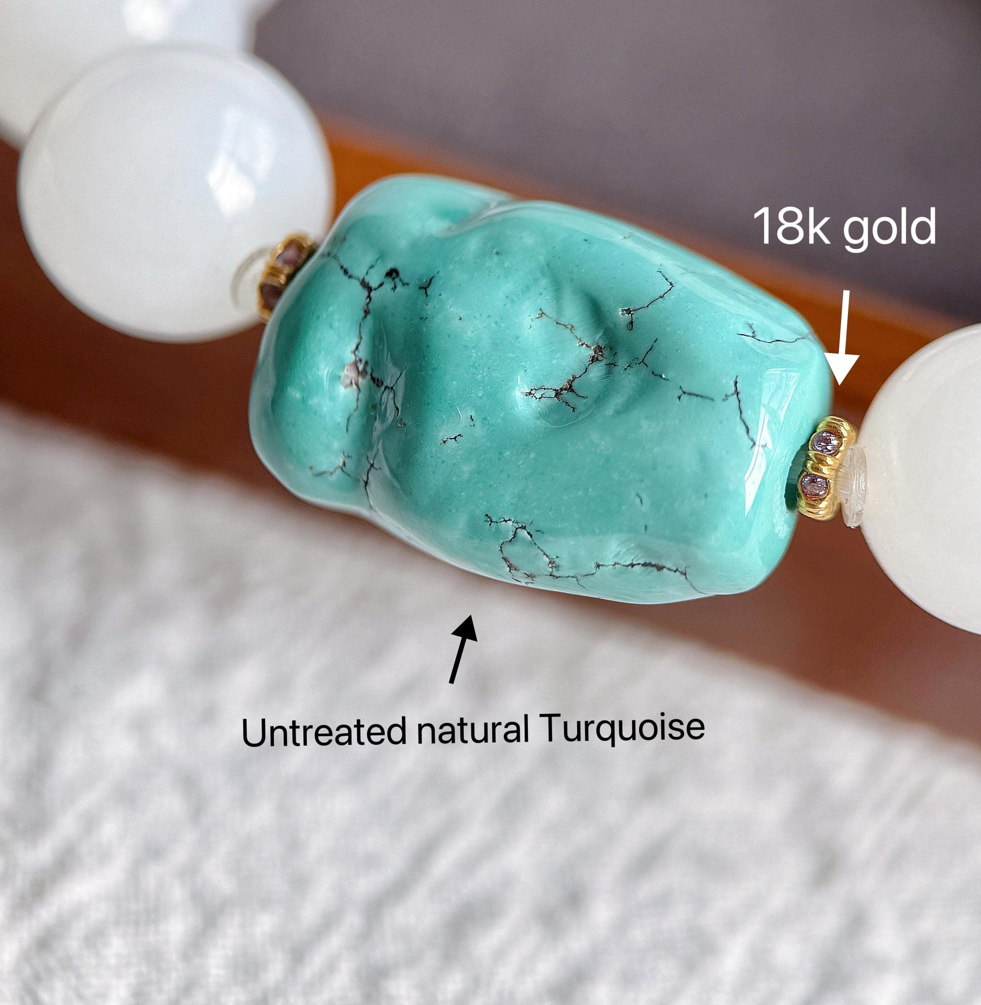 12mm White Nephrite Jade Bracelet | Mutton Fat Jade | Natural Turquoise, 18K Gold