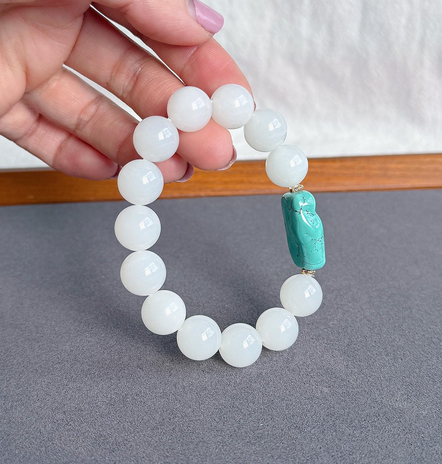 12mm White Nephrite Jade Bracelet | Mutton Fat Jade | Natural Turquoise, 18K Gold