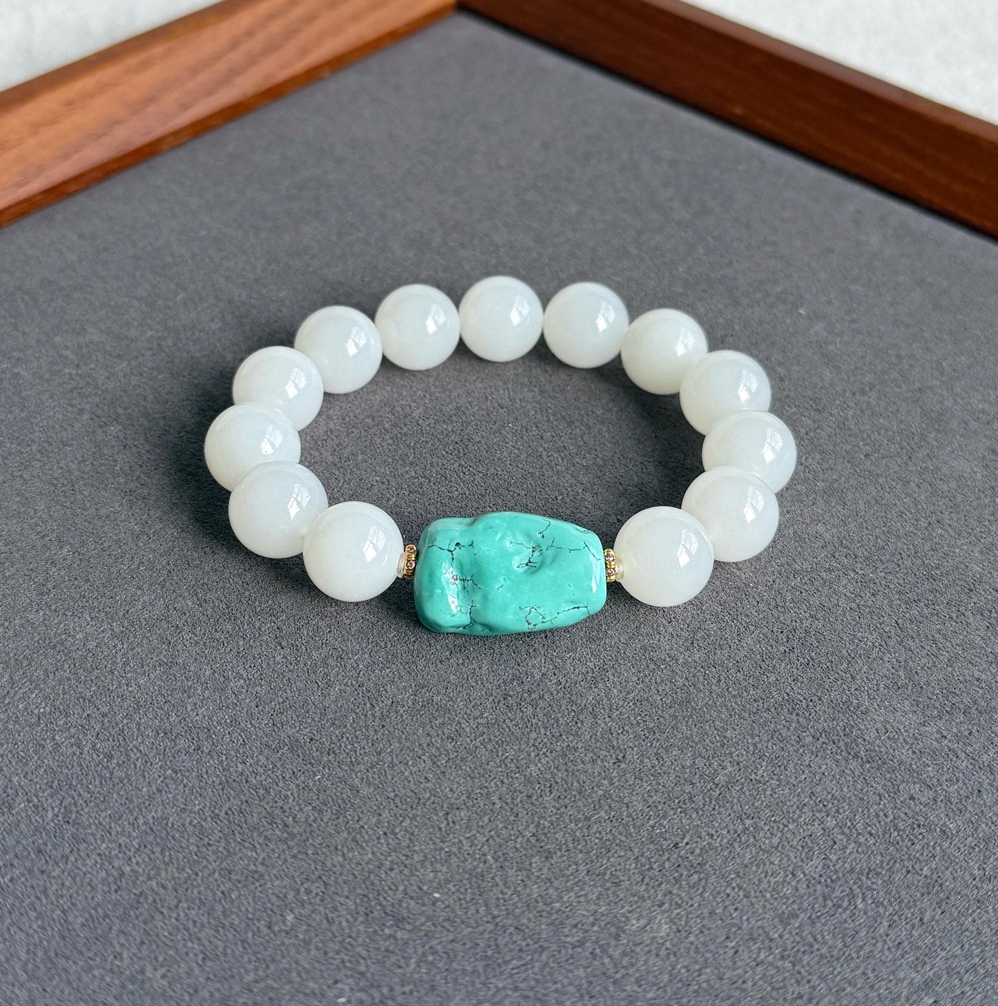 12mm White Nephrite Jade Bracelet | Mutton Fat Jade | Natural Turquoise, 18K Gold