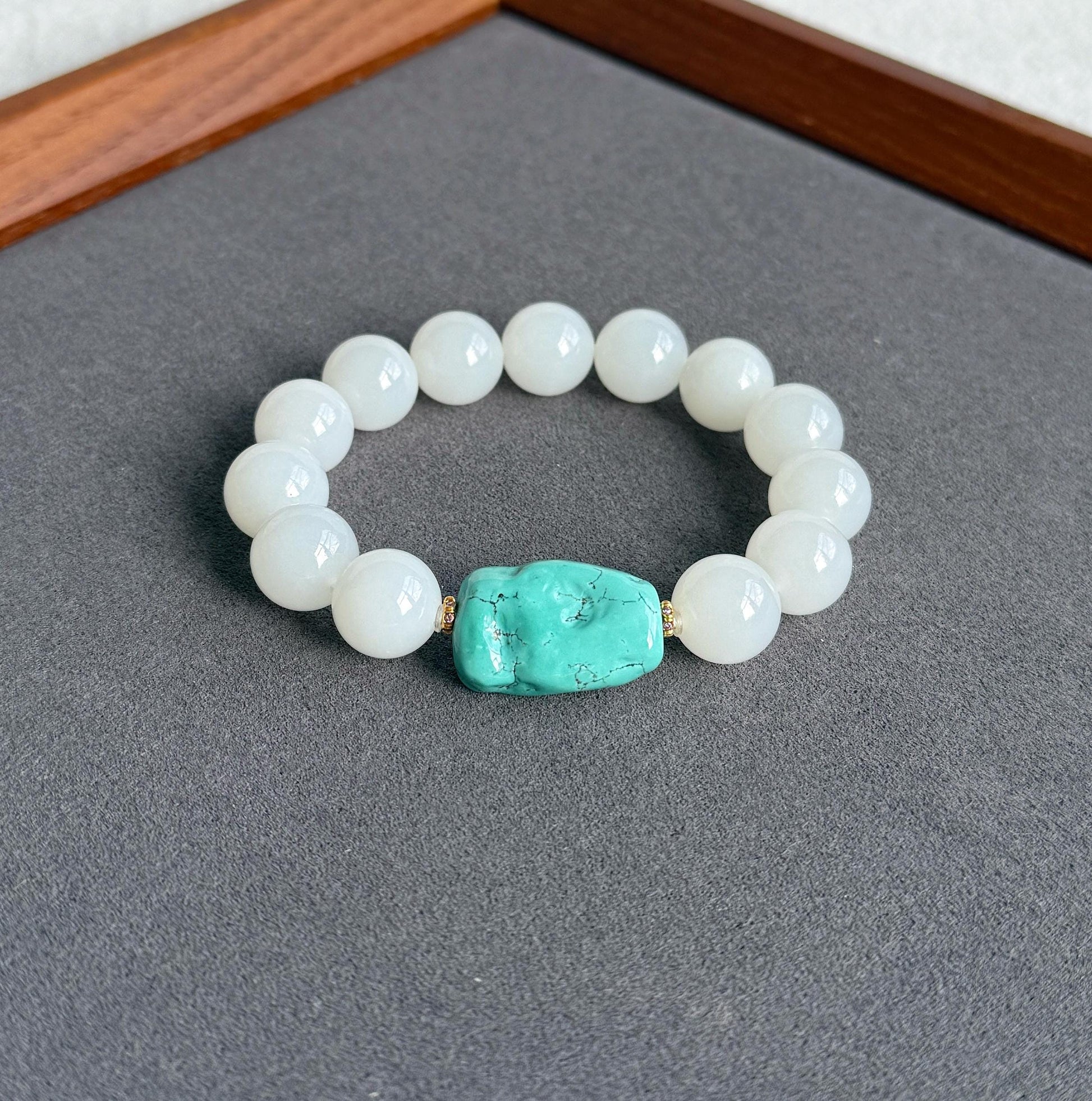 12mm White Nephrite Jade Bracelet | Mutton Fat Jade | Natural Turquoise, 18K Gold