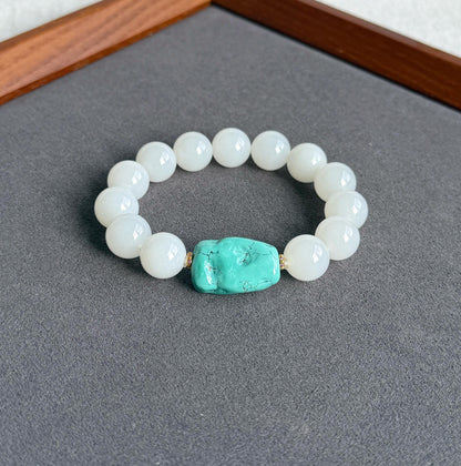 12mm White Nephrite Jade Bracelet | Mutton Fat Jade | Natural Turquoise, 18K Gold