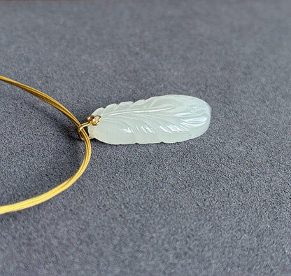 18K Gold White Nephrite Jade Feather Pendant Necklace | Gift for Her