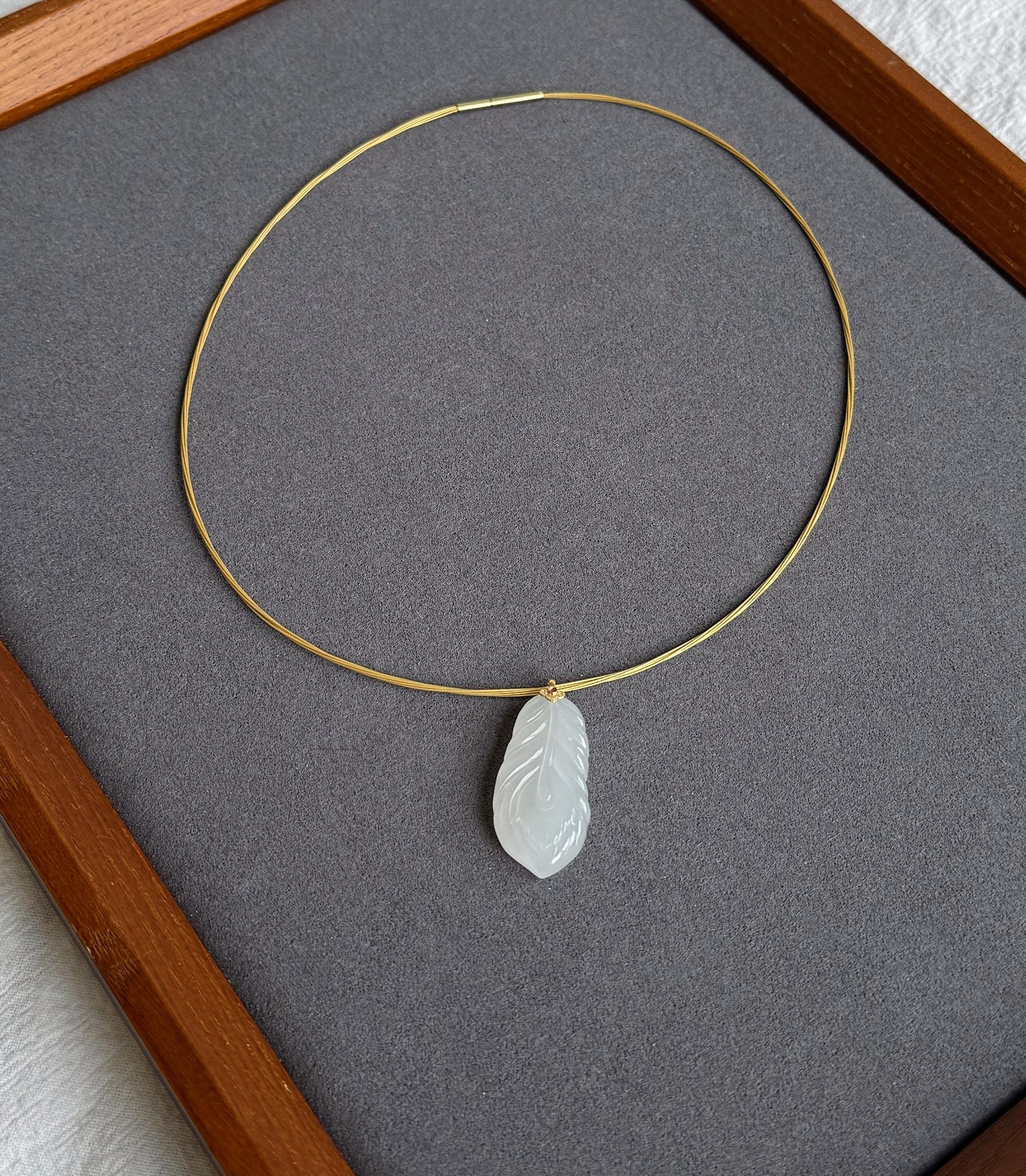 18K Gold White Nephrite Jade Feather Pendant Necklace | Gift for Her