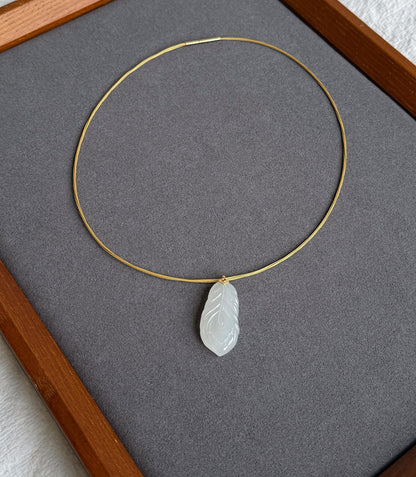 18K Gold White Nephrite Jade Feather Pendant Necklace | Gift for Her