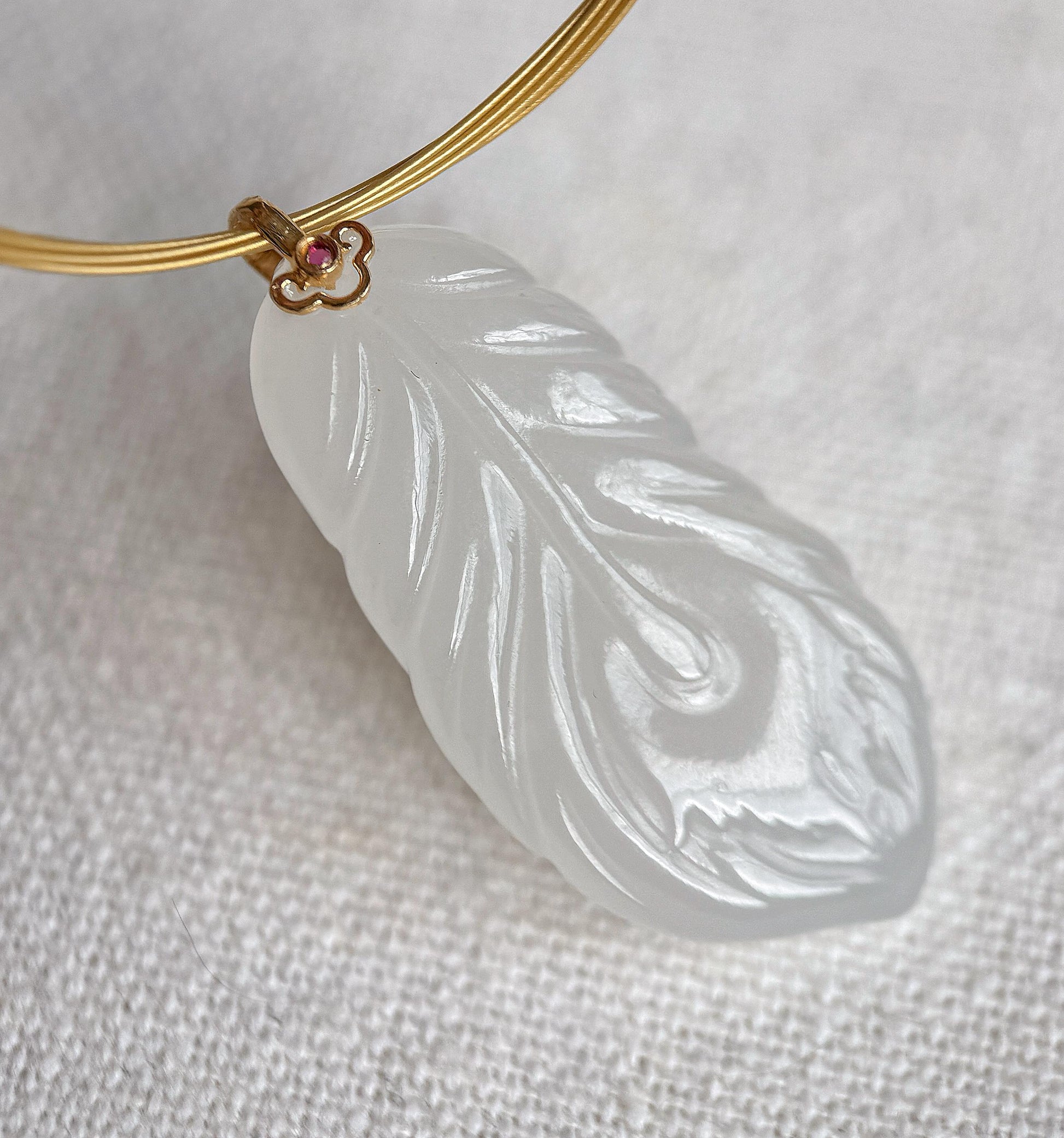 18K Gold White Nephrite Jade Feather Pendant Necklace | Gift for Her