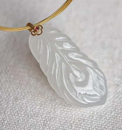 18K Gold White Nephrite Jade Feather Pendant Necklace | Gift for Her
