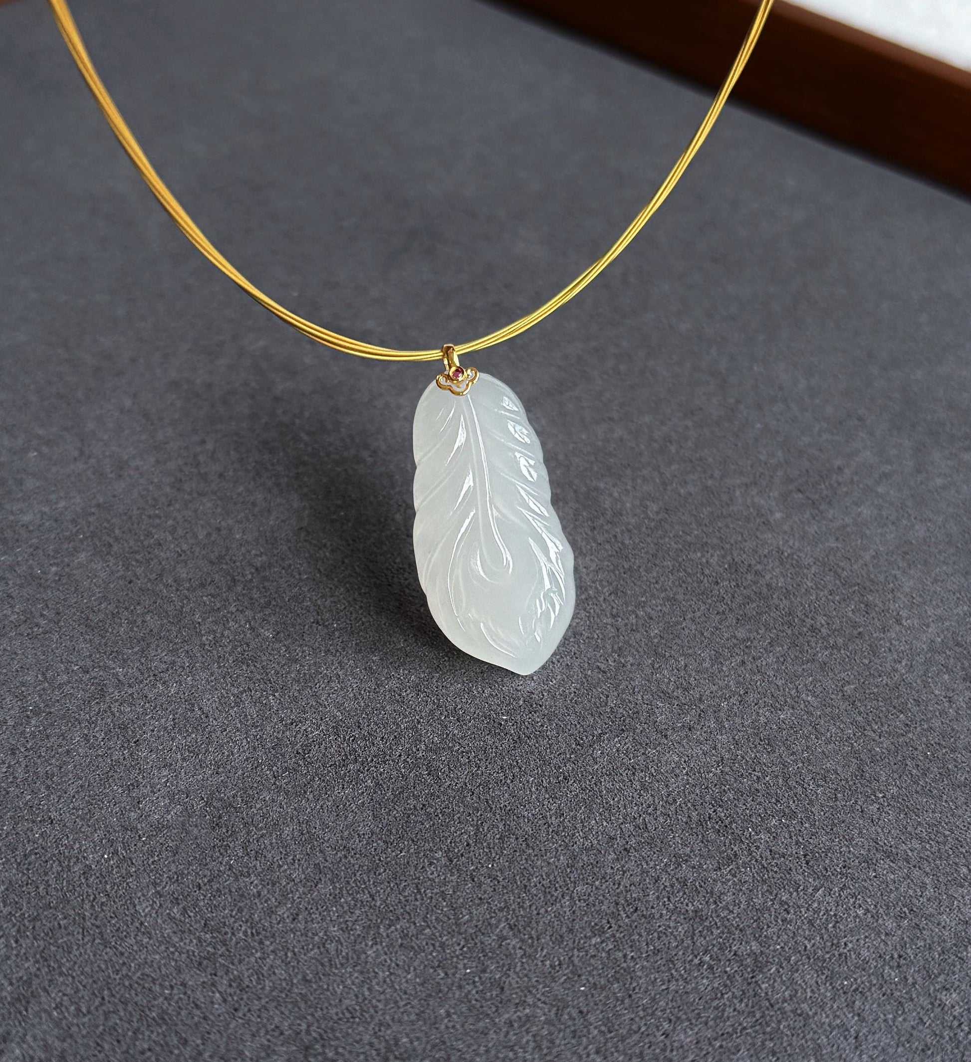 18K Gold White Nephrite Jade Feather Pendant Necklace | Gift for Her