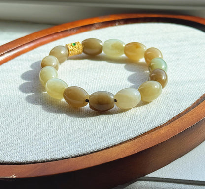 Natural Brown Nephrite Jade Beaded Bracelet 10x12mm | Gold-Plated S925 Silver Accent | Unisex Bracelet
