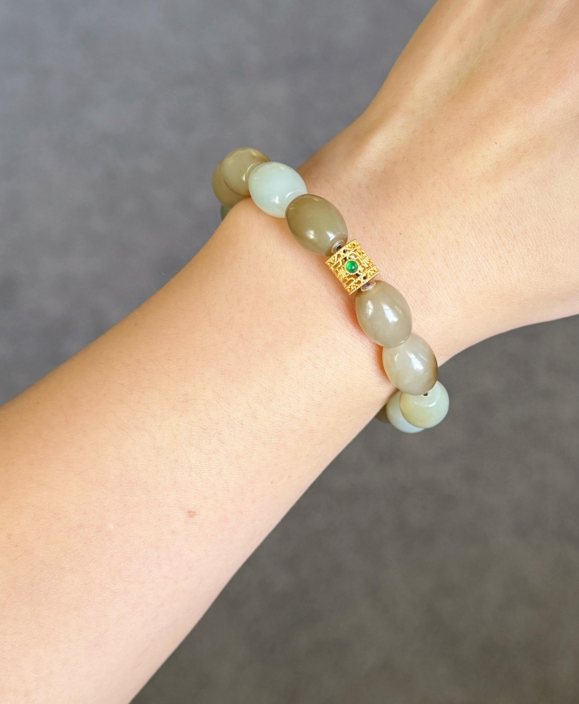 Natural Brown Nephrite Jade Beaded Bracelet 10x12mm | Gold-Plated S925 Silver Accent | Unisex Bracelet