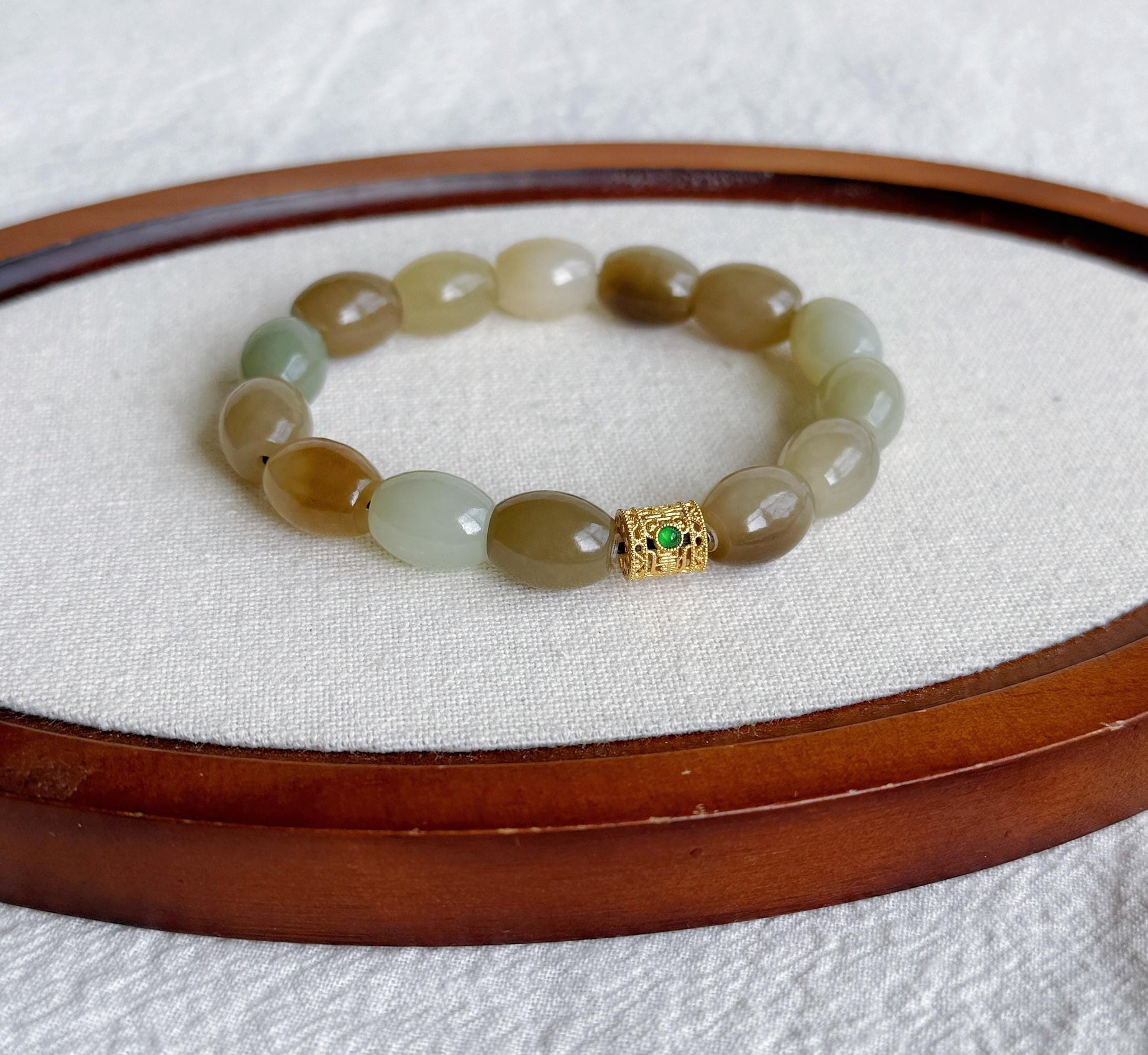 Natural Brown Nephrite Jade Beaded Bracelet 10x12mm | Gold-Plated S925 Silver Accent | Unisex Bracelet