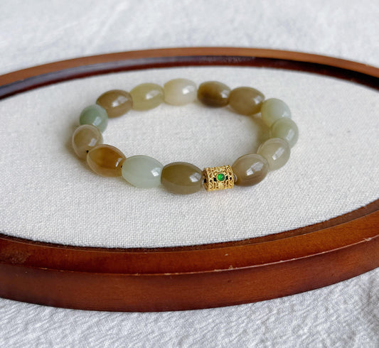 Natural Brown Nephrite Jade Beaded Bracelet 10x12mm | Gold-Plated S925 Silver Accent | Unisex Bracelet