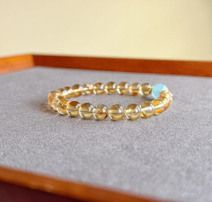 8.5mm Citrine Bracelet| Natural Citrine Beads| Aquamarine Accent| Wealth Stones| Lucky Bracelet| Success Bracelet| Gift for Best Friend