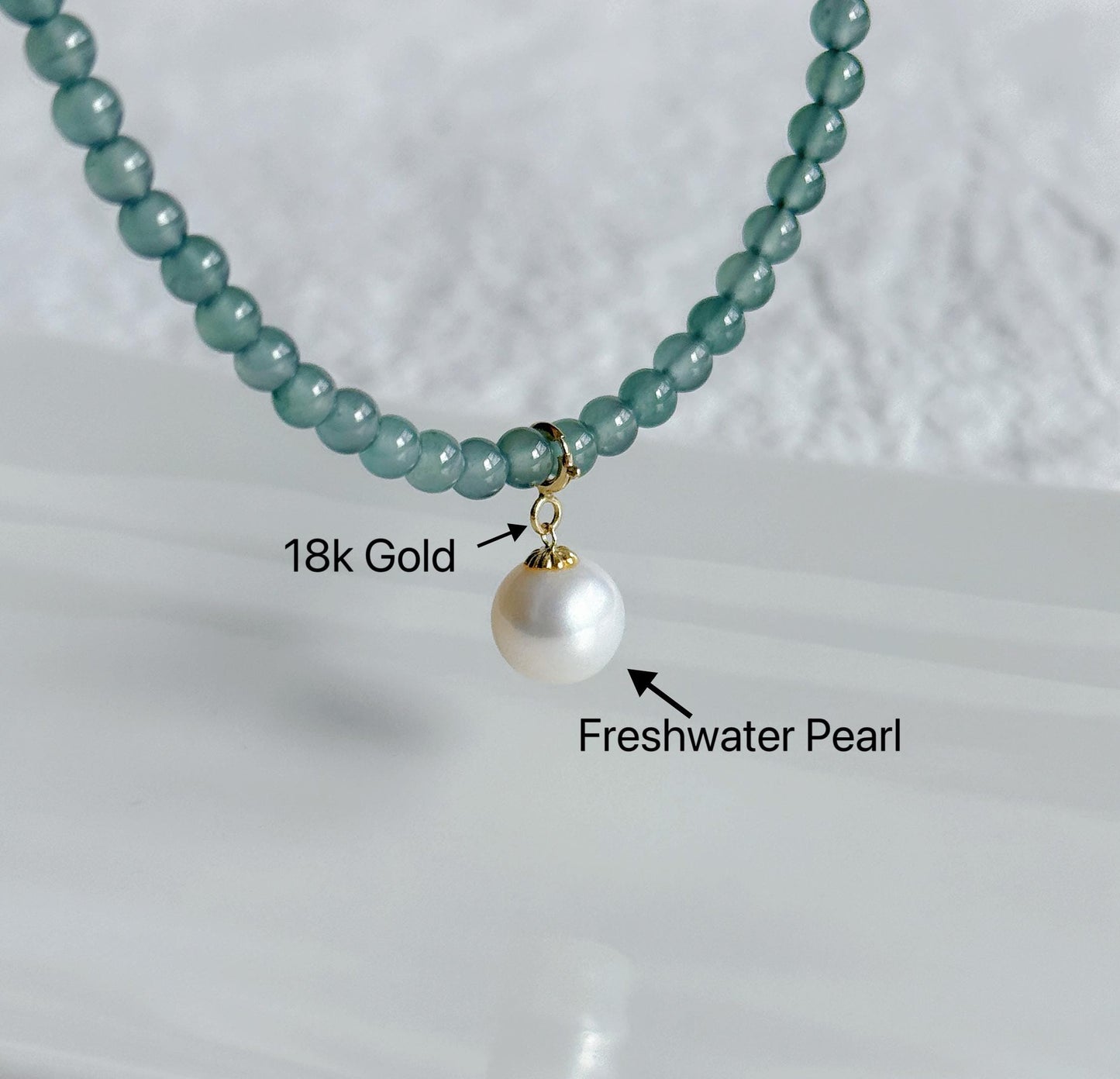 3.5mm Natural Blue Water Guatemalan Jadeite Necklace Choker | 18K Gold Freshwater Pearl Pendant | Adjustable