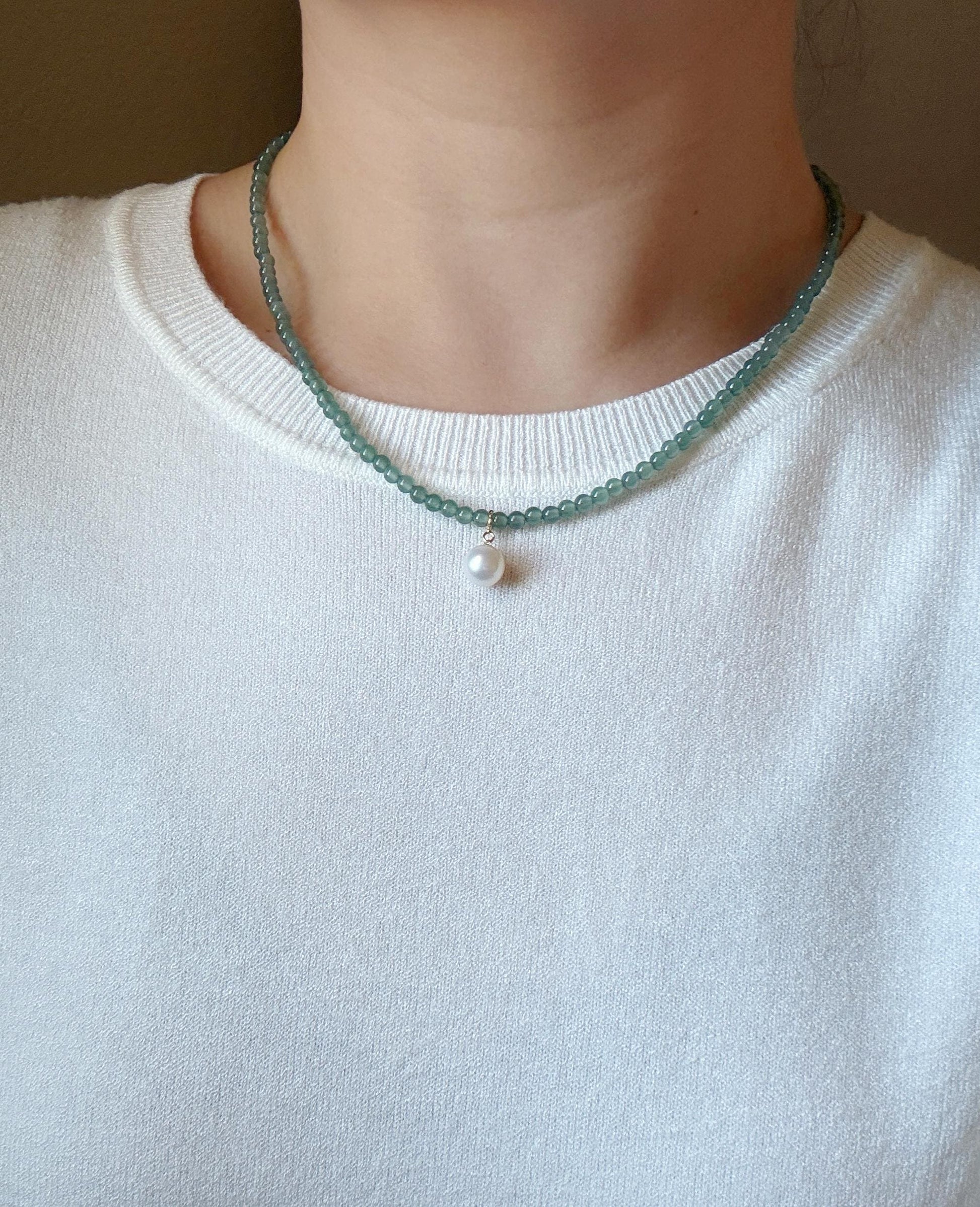 3.5mm Natural Blue Water Guatemalan Jadeite Necklace Choker | 18K Gold Freshwater Pearl Pendant | Adjustable