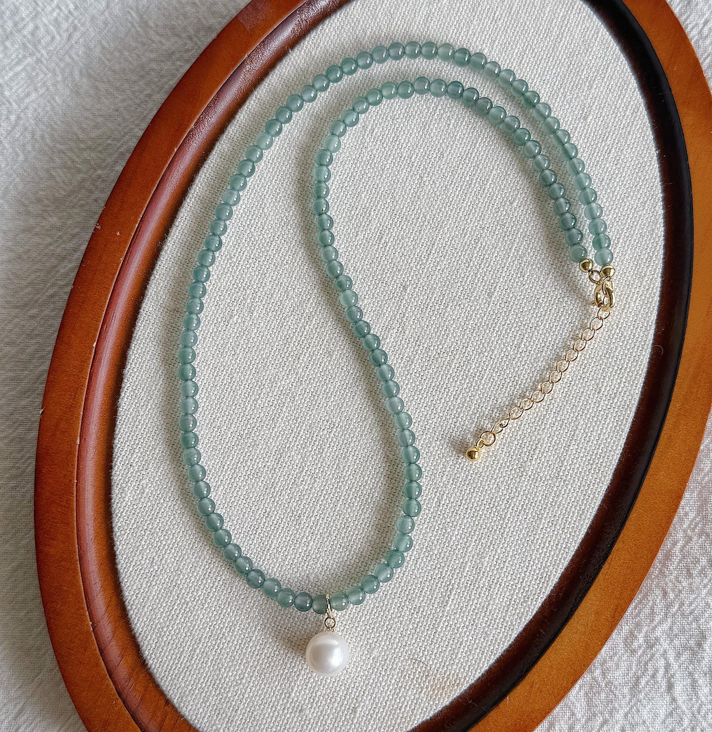 3.5mm Natural Blue Water Guatemalan Jadeite Necklace Choker | 18K Gold Freshwater Pearl Pendant | Adjustable