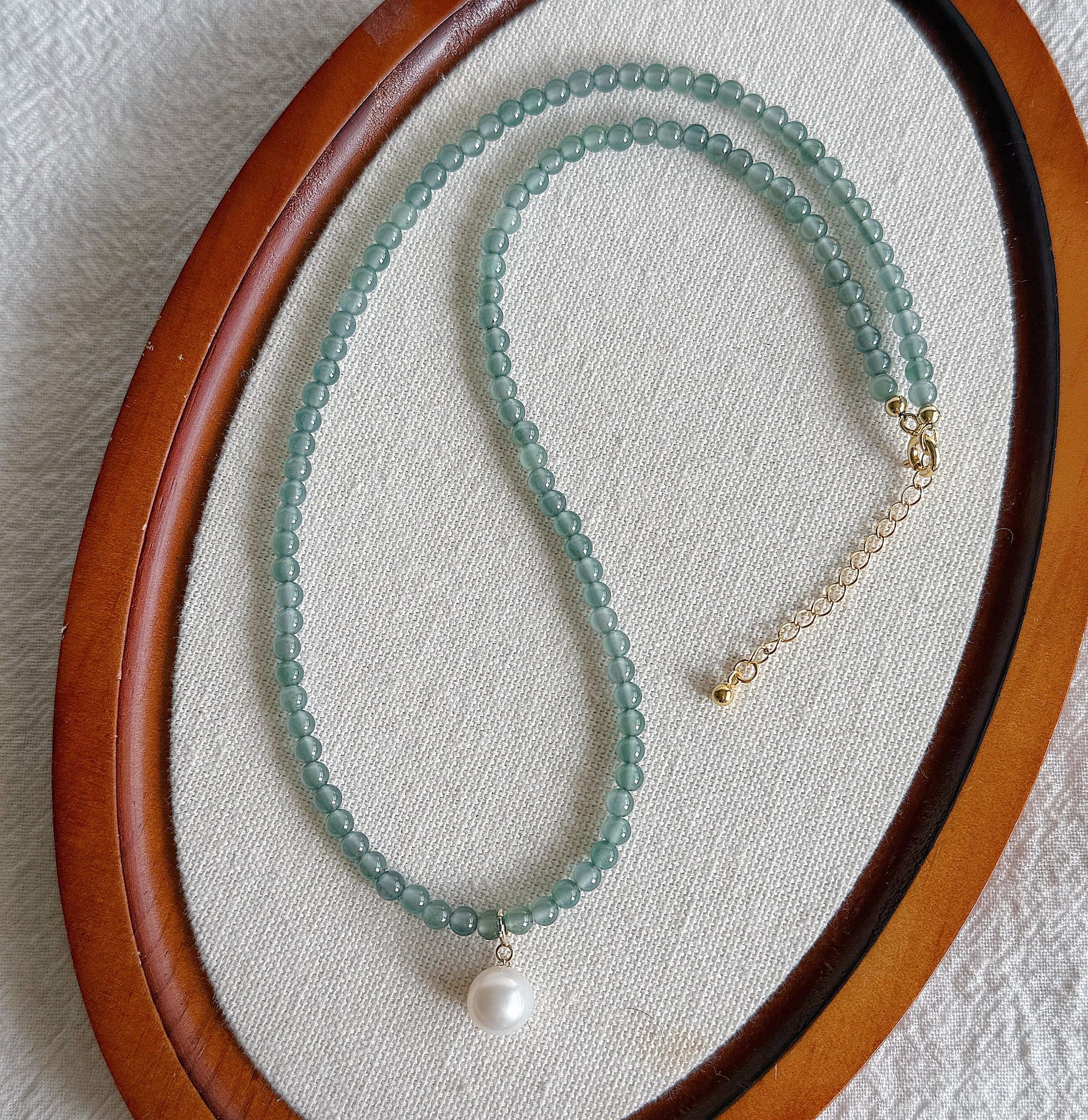 3.5mm Natural Blue Water Guatemalan Jadeite Necklace Choker | 18K Gold Freshwater Pearl Pendant | Adjustable