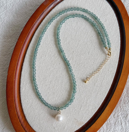 3.5mm Natural Blue Water Guatemalan Jadeite Necklace Choker | 18K Gold Freshwater Pearl Pendant | Adjustable