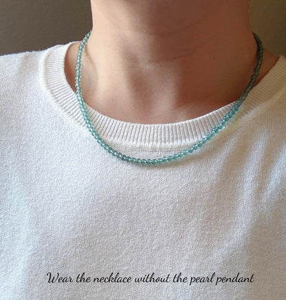 3.5mm Natural Blue Water Guatemalan Jadeite Necklace Choker | 18K Gold Freshwater Pearl Pendant | Adjustable
