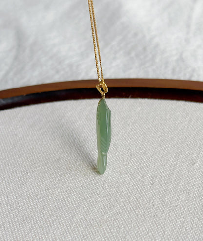Green Nephrite Jade Fish Pendant Necklace | 18K Gold Bail, Adjustable Chain