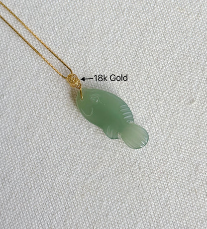 Green Nephrite Jade Fish Pendant Necklace | 18K Gold Bail, Adjustable Chain