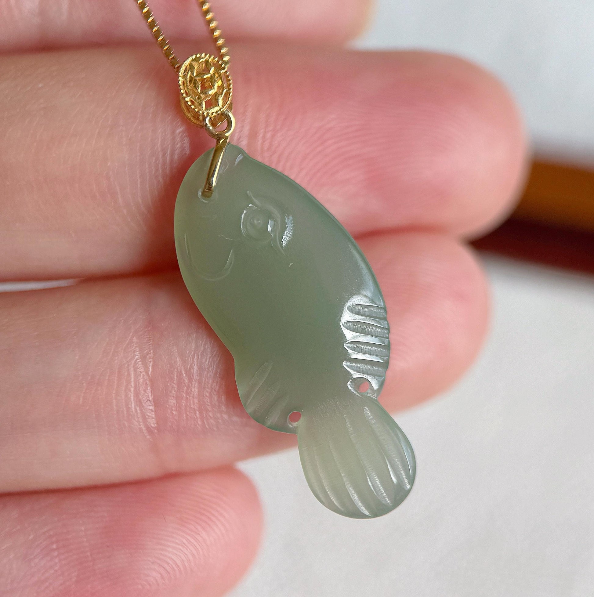 Green Nephrite Jade Fish Pendant Necklace | 18K Gold Bail, Adjustable Chain