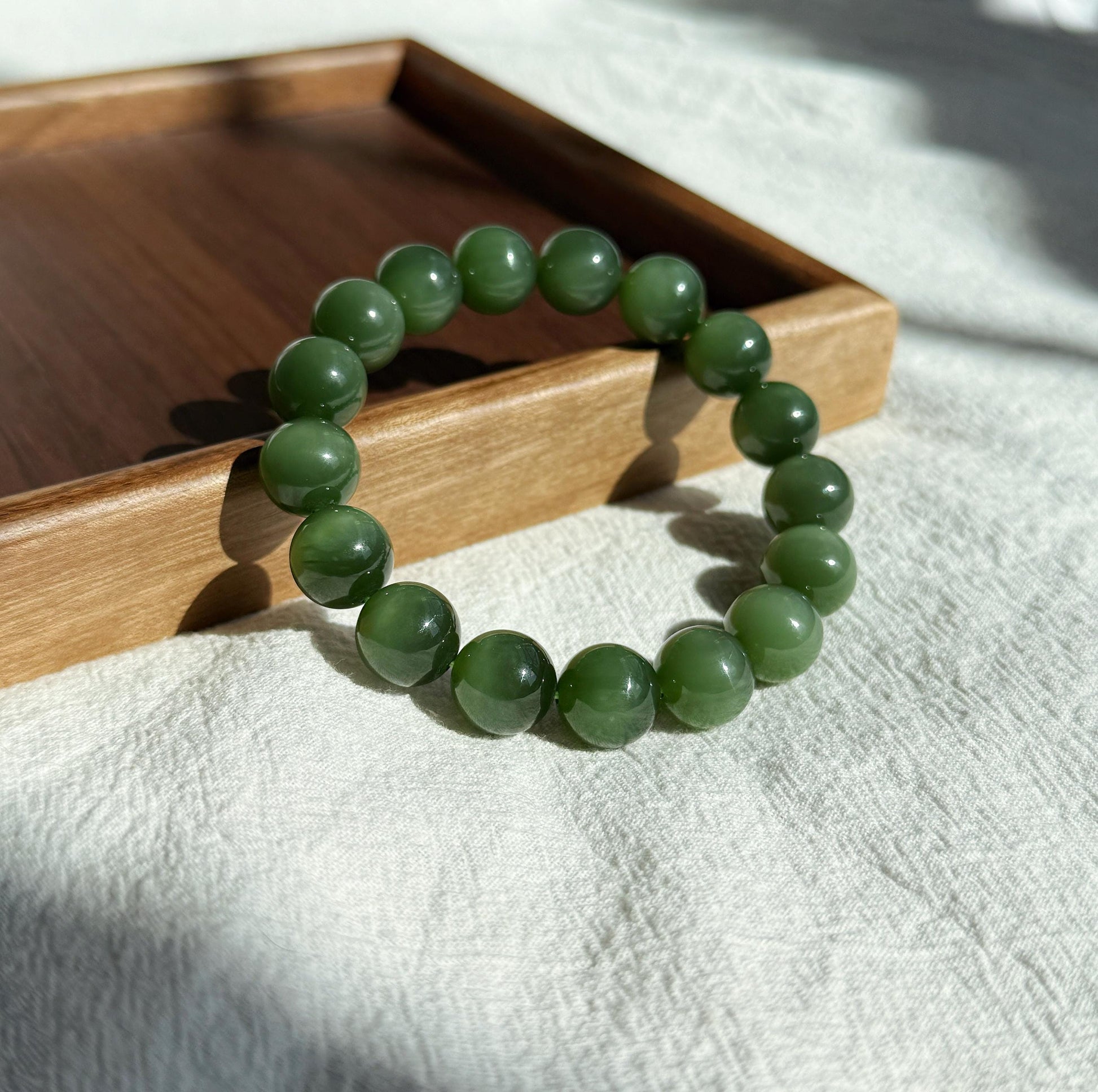 12mm Natural Nephrite Jade Bracelet | Certified Green Jade with Cat’s Eye Effect | Collector Grade Gemstone