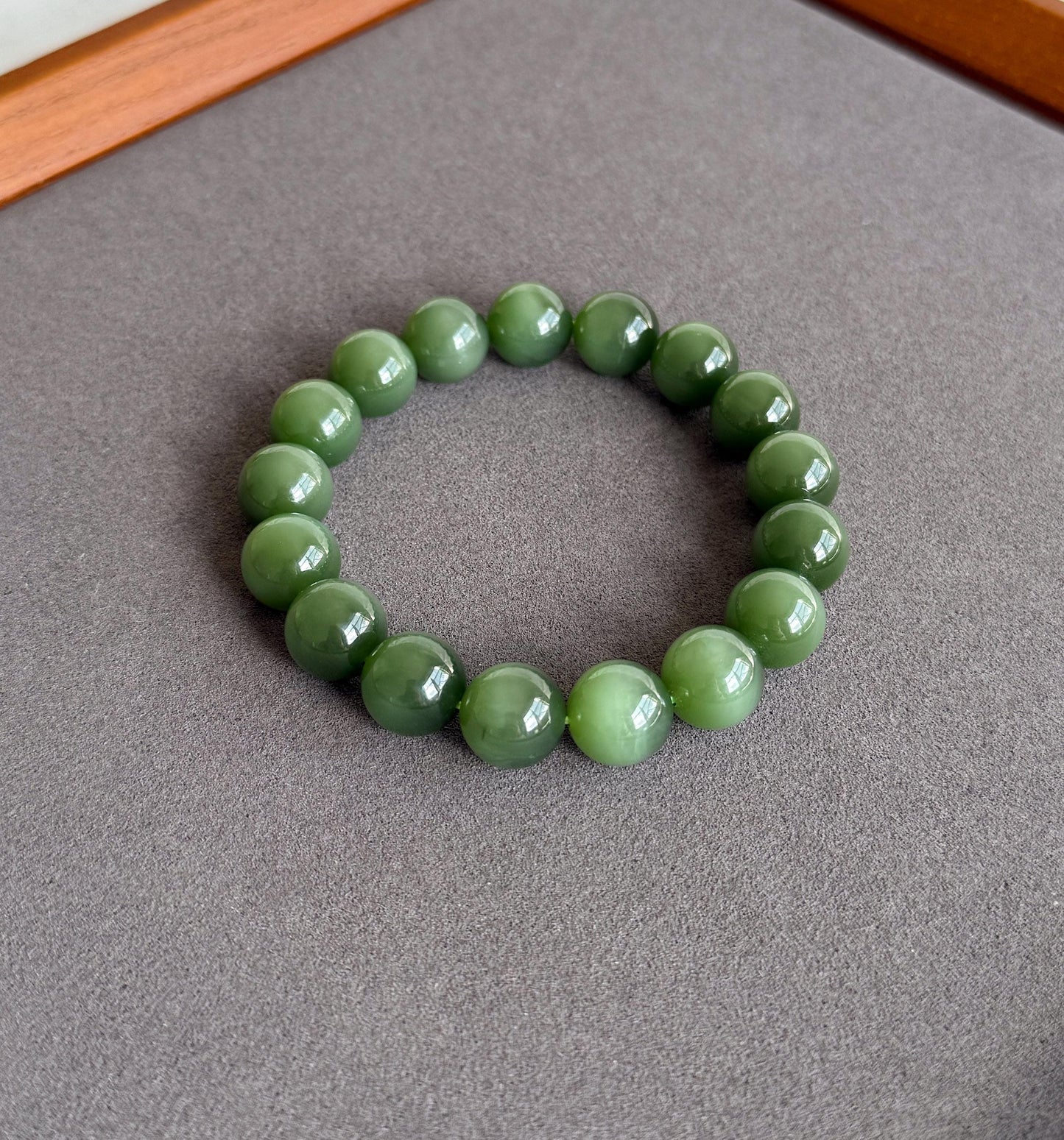12mm Natural Nephrite Jade Bracelet | Certified Green Jade with Cat’s Eye Effect | Collector Grade Gemstone