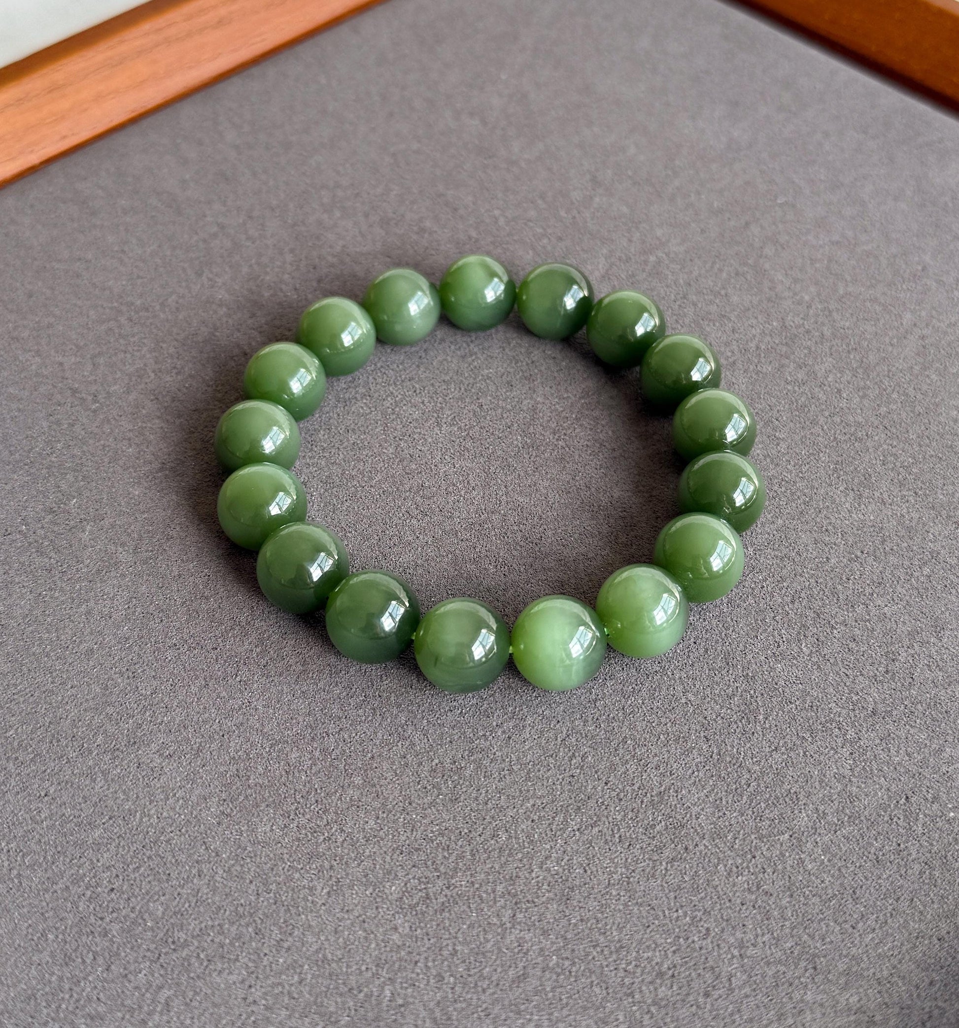12mm Natural Nephrite Jade Bracelet | Certified Green Jade with Cat’s Eye Effect | Collector Grade Gemstone