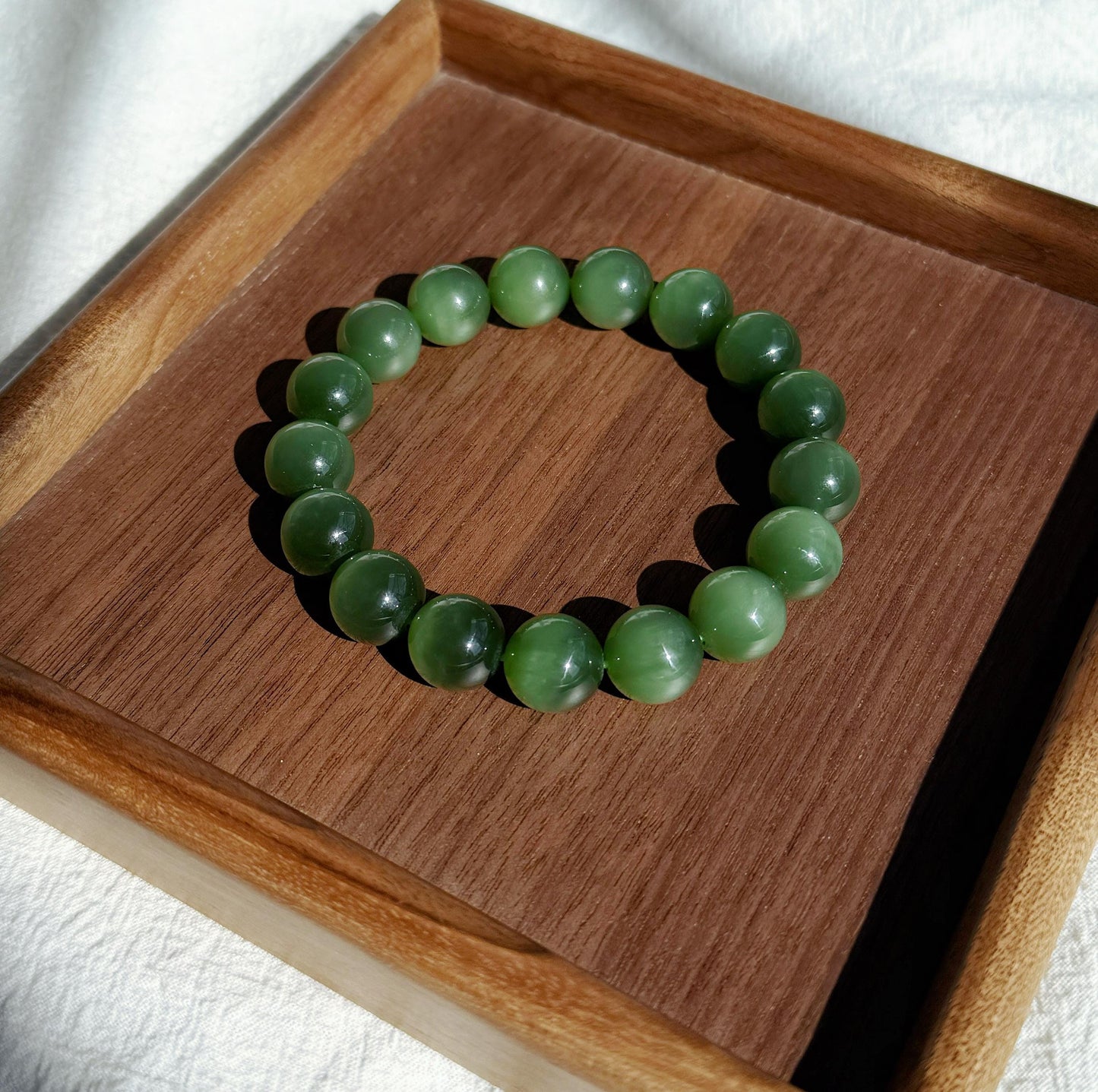 12mm Natural Nephrite Jade Bracelet | Certified Green Jade with Cat’s Eye Effect | Collector Grade Gemstone