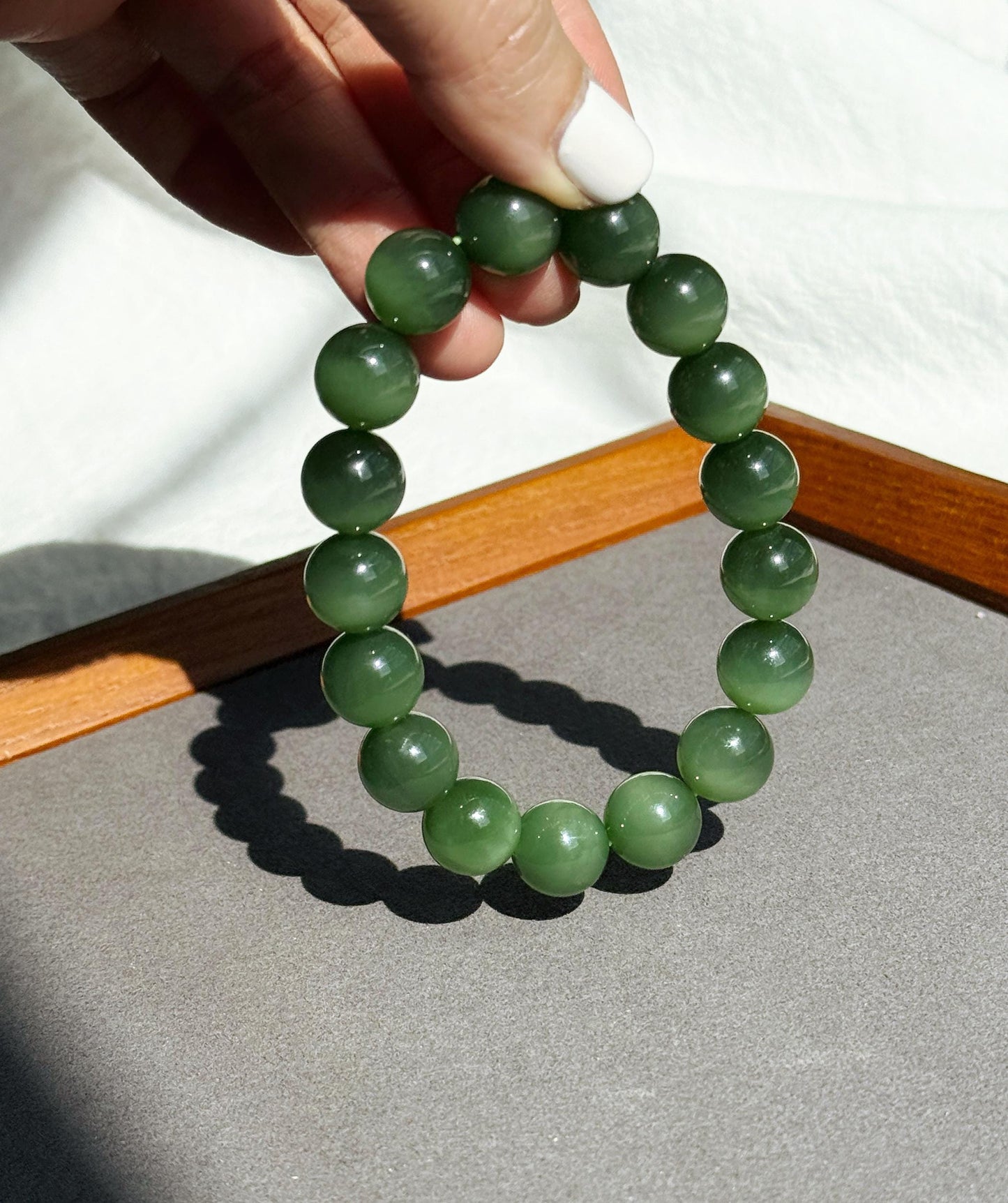12mm Natural Nephrite Jade Bracelet | Certified Green Jade with Cat’s Eye Effect | Collector Grade Gemstone