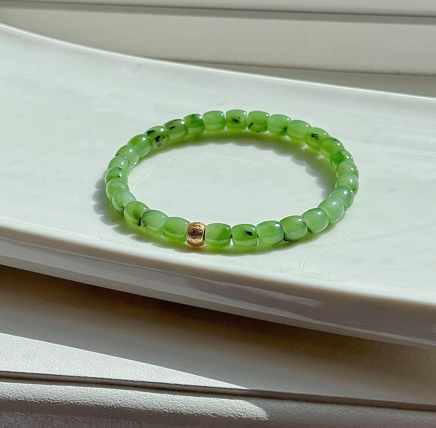 Green Nephrite Jade Bracelet 6mm | S925 Gold Accent Ruyi Bracelet | Lucky Minimalist Jewelry Gift