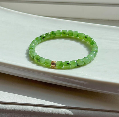 Green Nephrite Jade Bracelet 6mm | S925 Gold Accent Ruyi Bracelet | Lucky Minimalist Jewelry Gift
