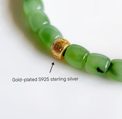 Green Nephrite Jade Bracelet 6mm | S925 Gold Accent Ruyi Bracelet | Lucky Minimalist Jewelry Gift