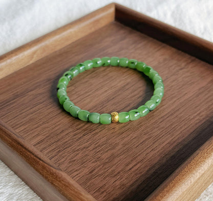 Green Nephrite Jade Bracelet 6mm | S925 Gold Accent Ruyi Bracelet | Lucky Minimalist Jewelry Gift