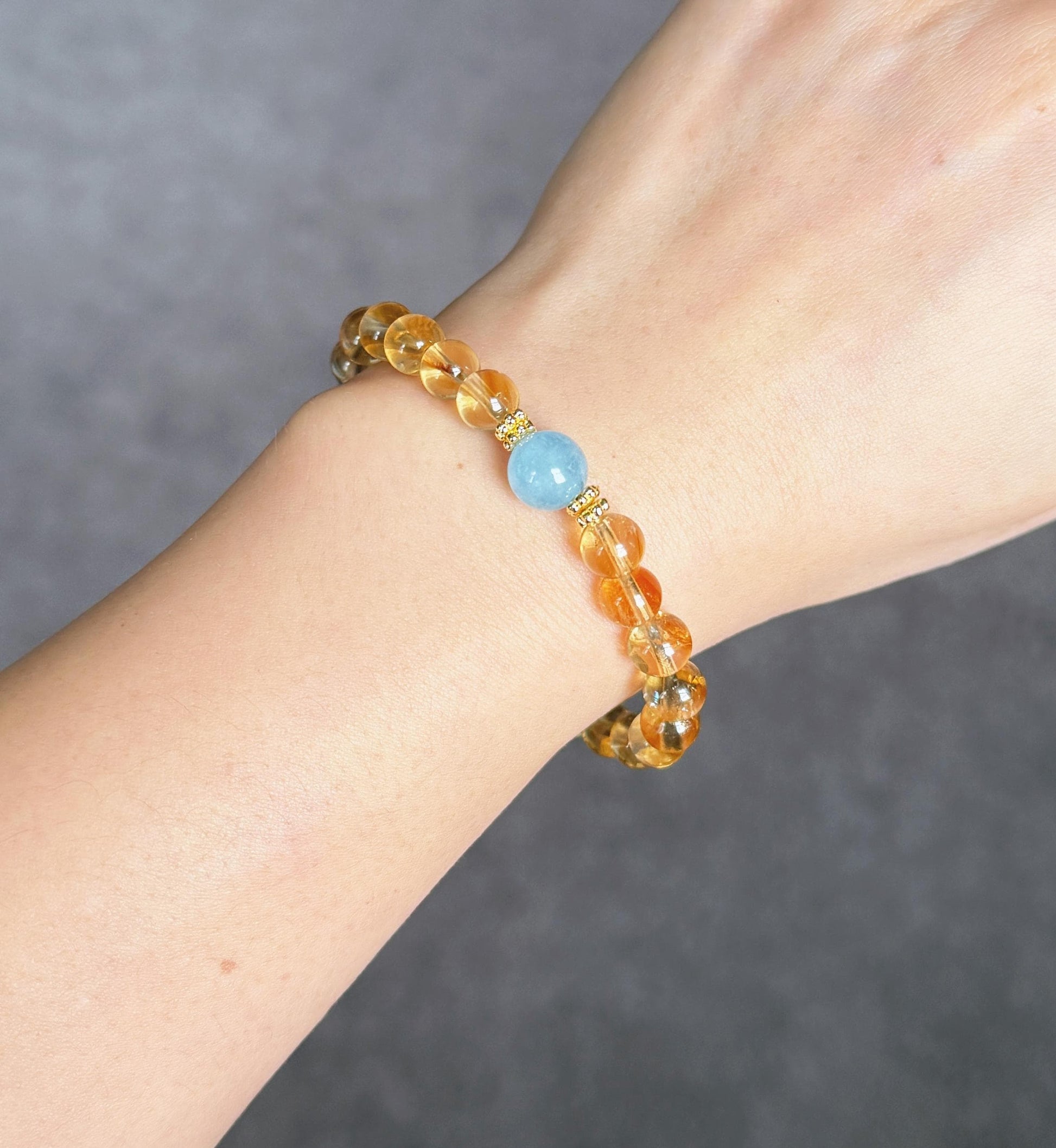 8.5mm Citrine Bracelet| Natural Citrine Beads| Aquamarine Accent| Wealth Stones| Lucky Bracelet| Success Bracelet| Gift for Best Friend