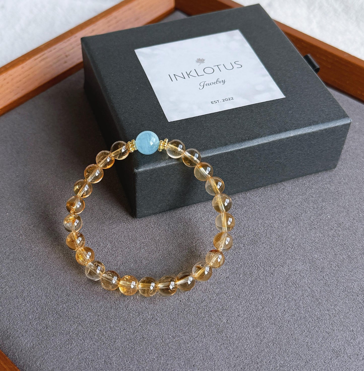 8.5mm Citrine Bracelet| Natural Citrine Beads| Aquamarine Accent| Wealth Stones| Lucky Bracelet| Success Bracelet| Gift for Best Friend