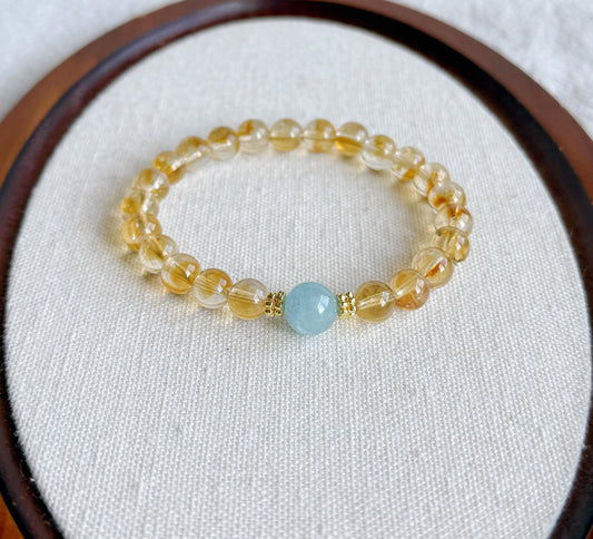 8.5mm Citrine Bracelet| Natural Citrine Beads| Aquamarine Accent| Wealth Stones| Lucky Bracelet| Success Bracelet| Gift for Best Friend