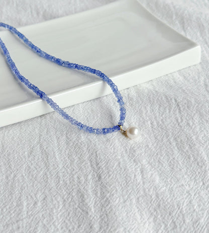 Natural Tanzanite Beaded Necklace | 2*4mm Faceted Gemstone | 18K Gold Freshwater Pearl Pendant | Minimalist Jewelry